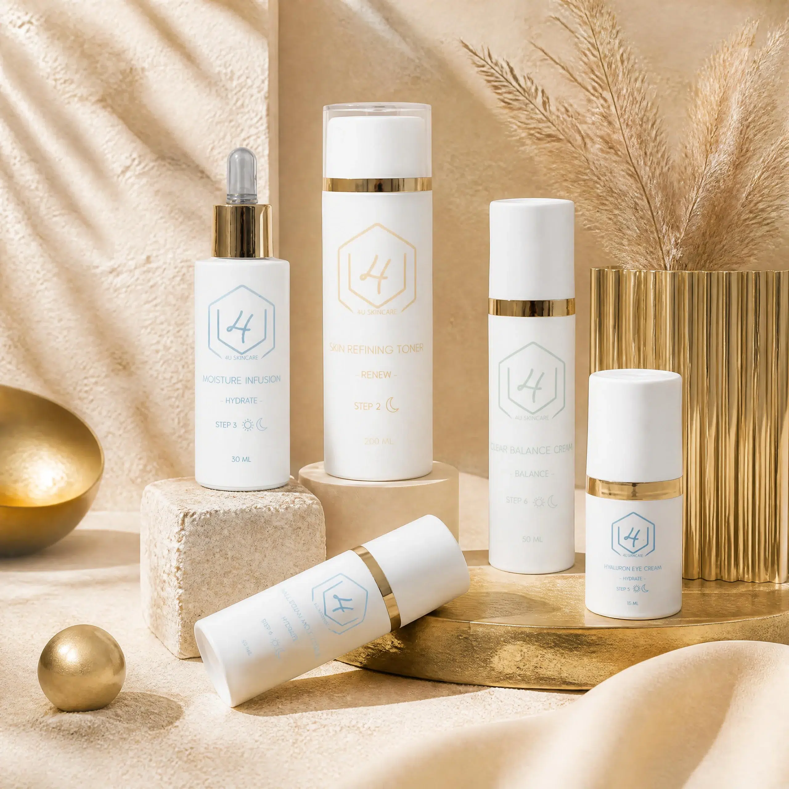 De producten van 4U Skincare in een warme, zonnige setting met goud en pampasgras