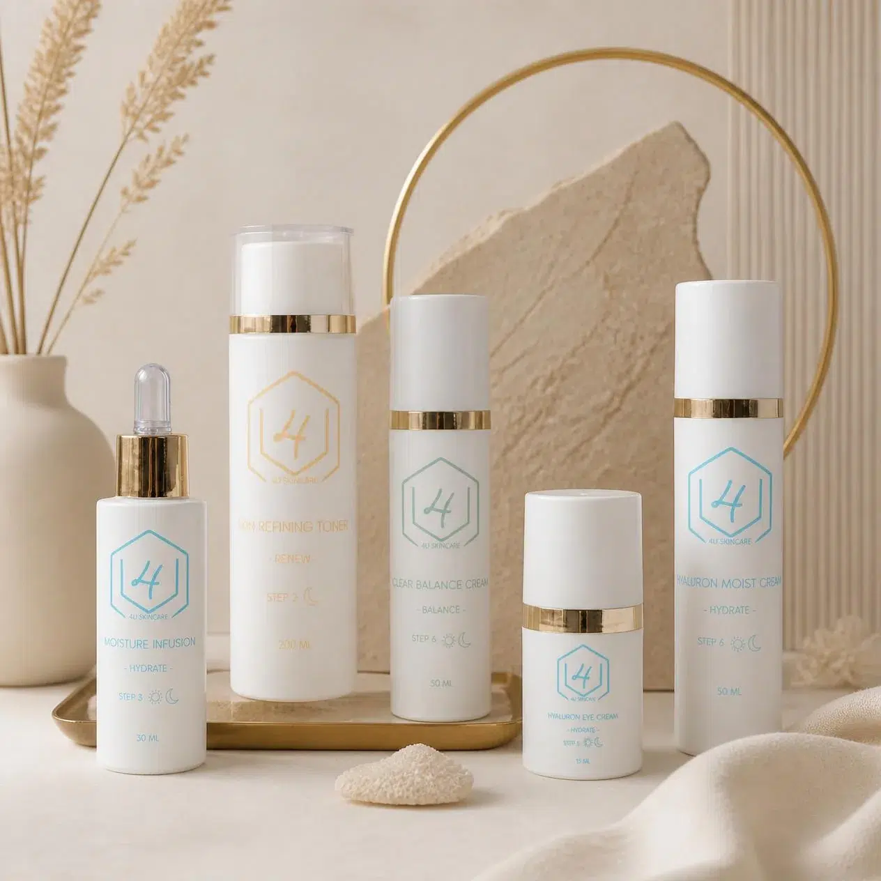 De producten van 4U Skincare in een zachte, natuurlijke setting met pampasgras en een gouden boog