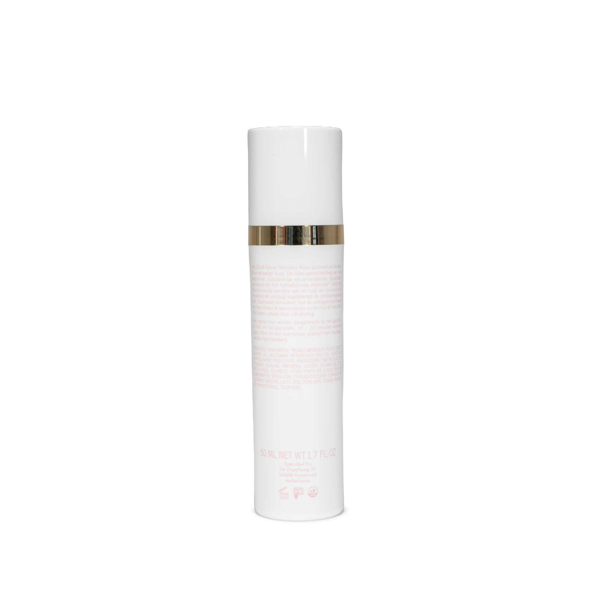 Achterkant van de Barrier Recovery Mask met ingrediënten en gebruik
