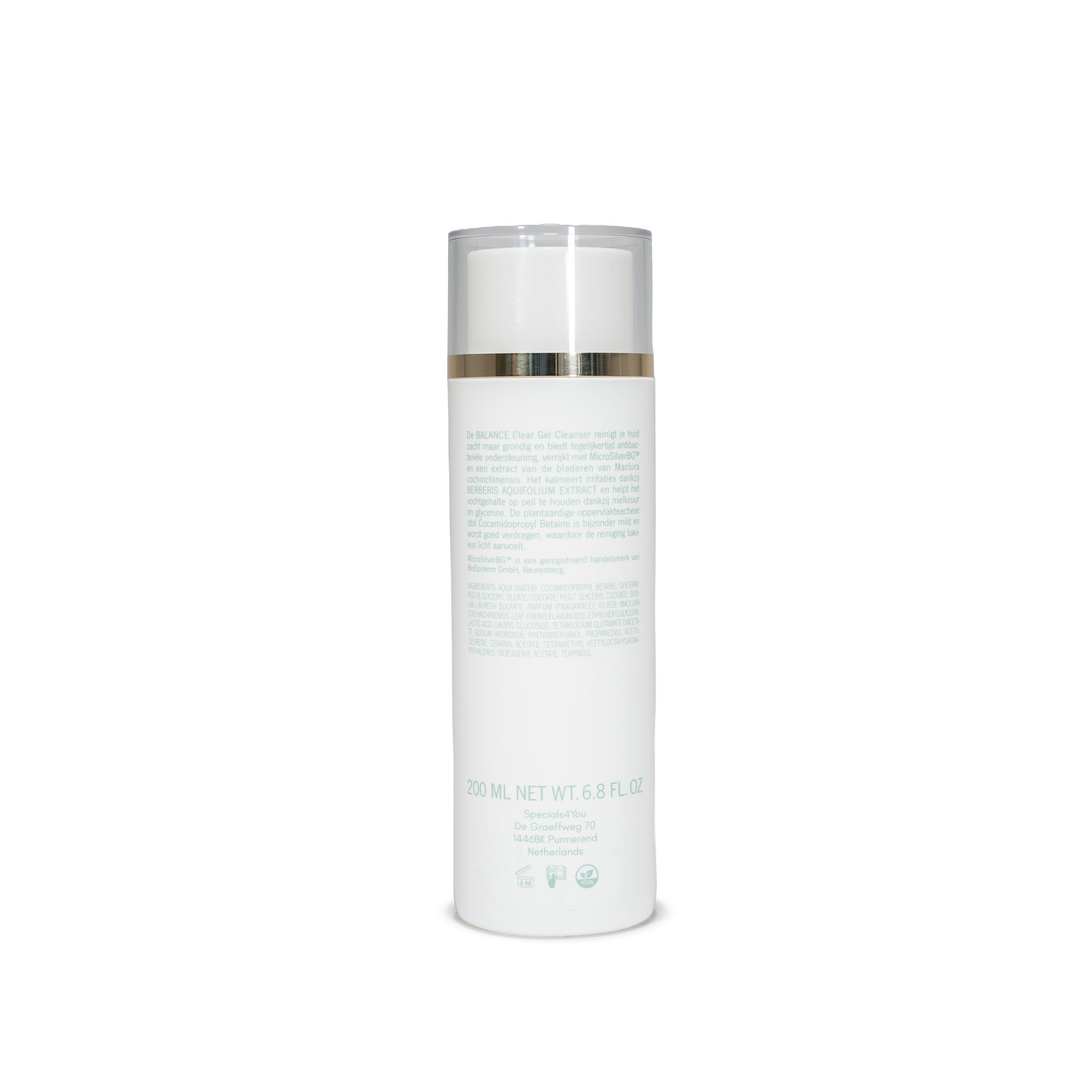 Achterkant van de Clear Gel Cleanser met ingrediënten en gebruik