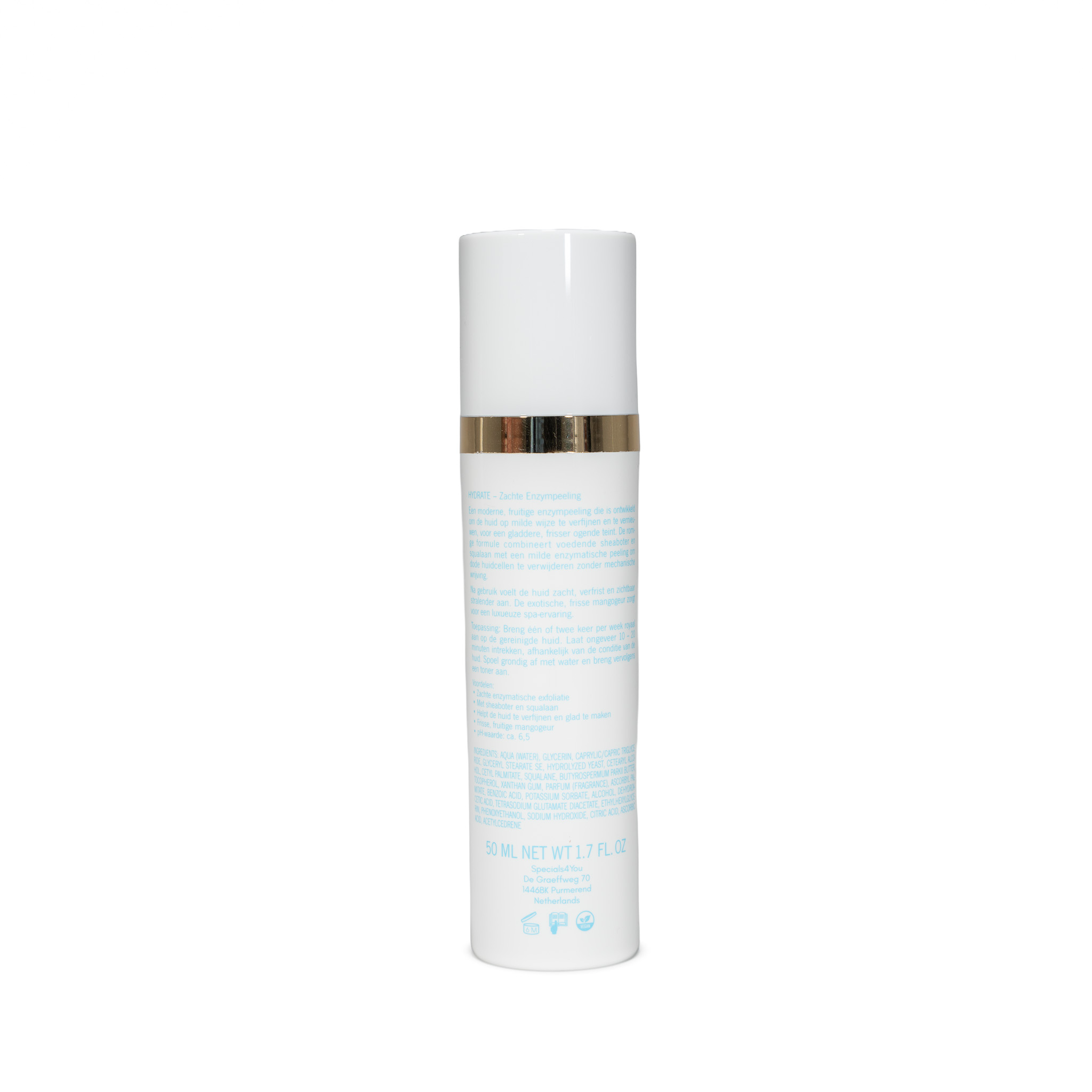 Achterkant van de Gentle Enzym Peel met ingrediënten en gebruik