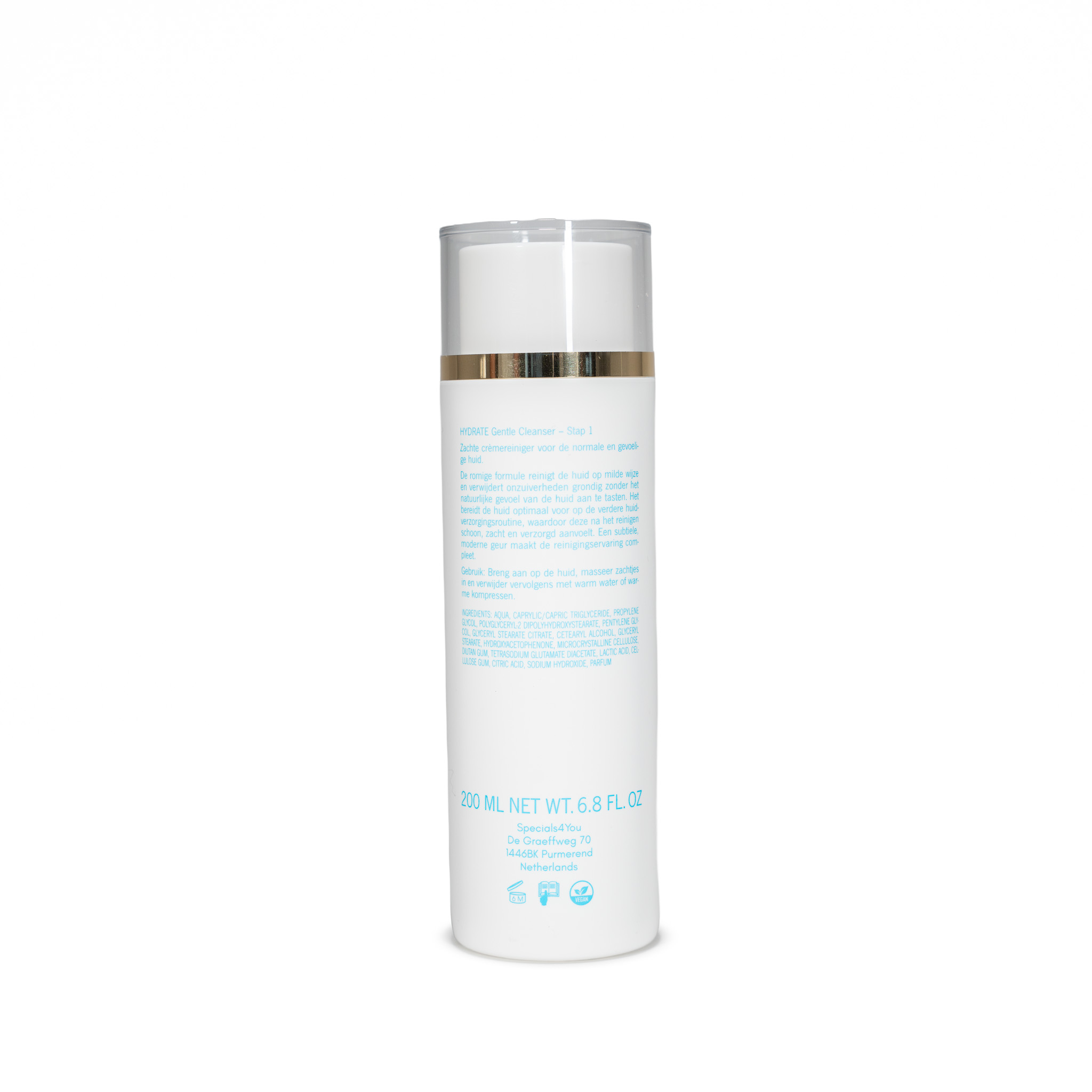 Achterkant van de Gentle Cleanser met ingrediënten en gebruik