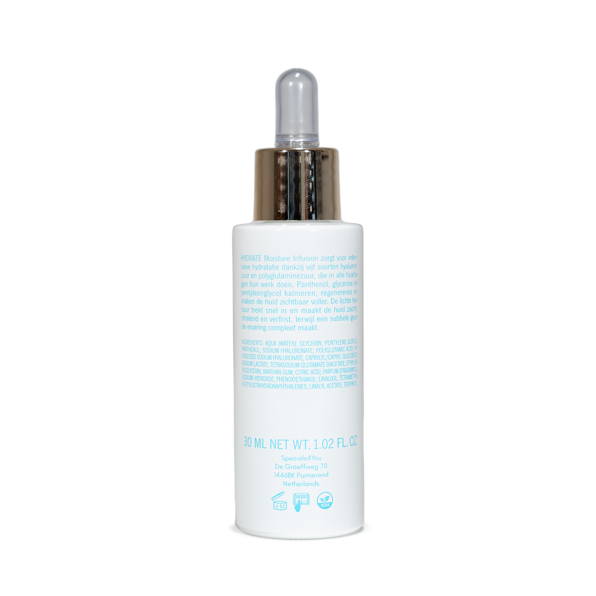 Achterkant van de Moisture Infusion met ingrediënten en gebruik