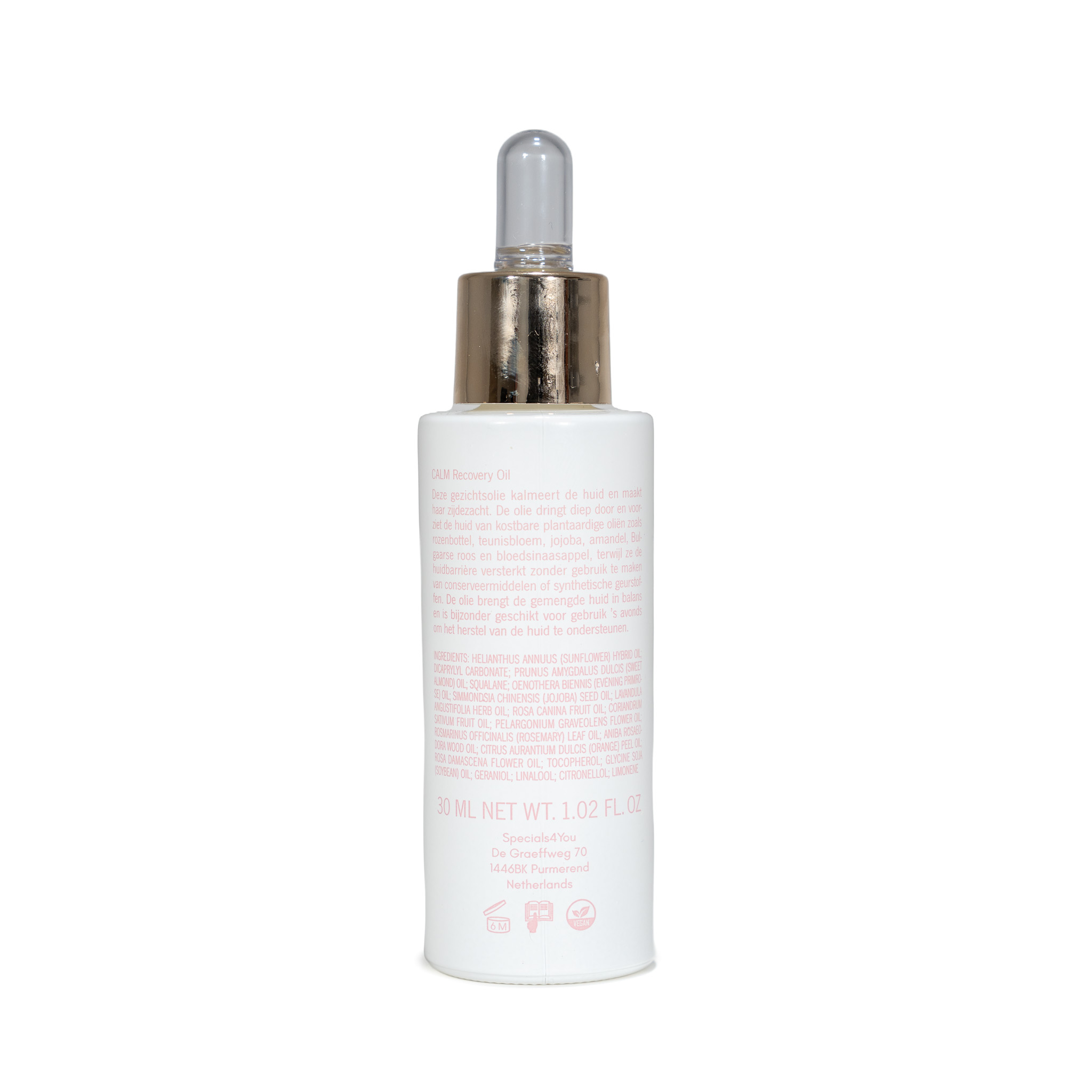 Achterkant van de Recovery Oil met ingrediënten en gebruik