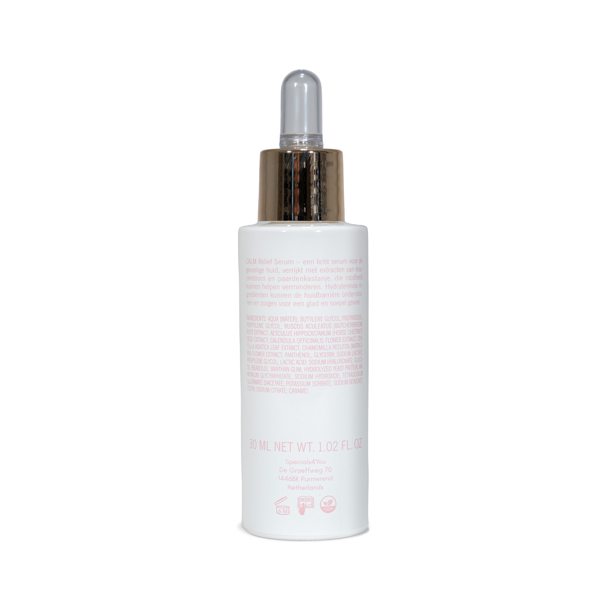Achterkant van de Relief Serum met ingrediënten en gebruik