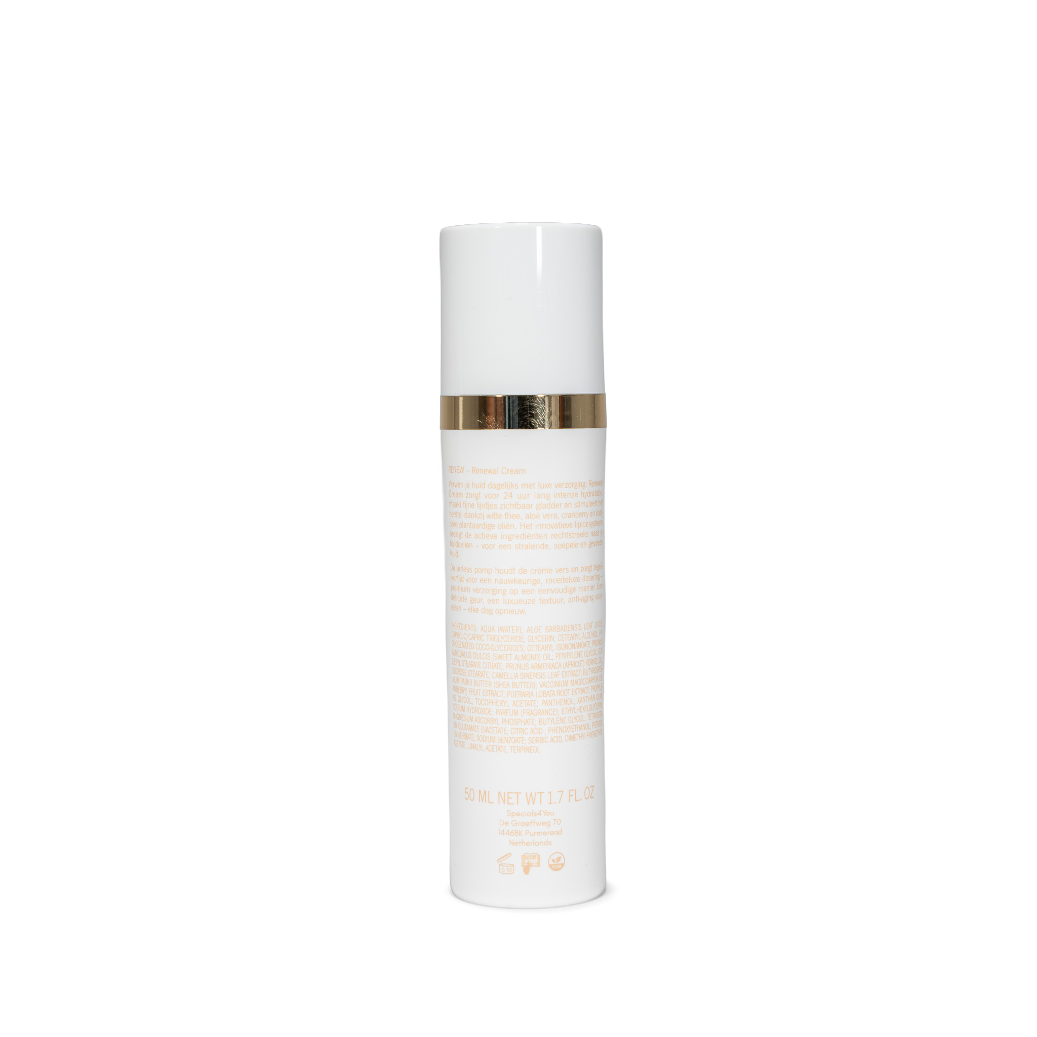 Achterkant van de Renewal Cream met ingrediënten en gebruik