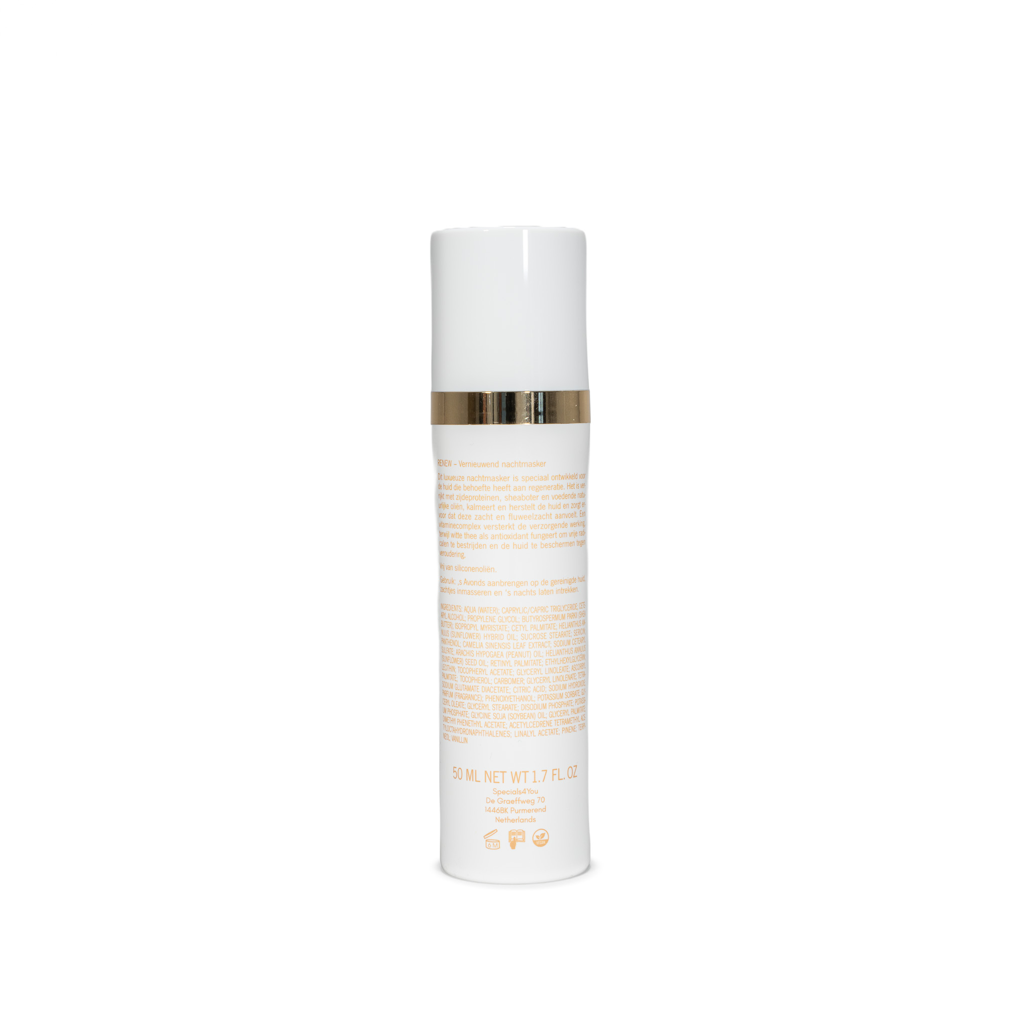 Achterkant van de Renewal Night Mask met ingrediënten en gebruik