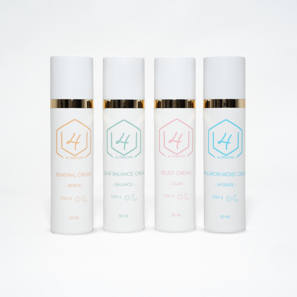 Vier 4U Skincare-crèmes naast elkaar: Renewal Cream, Clear Balance Cream, Relief Cream en Hyaluron Moist Cream